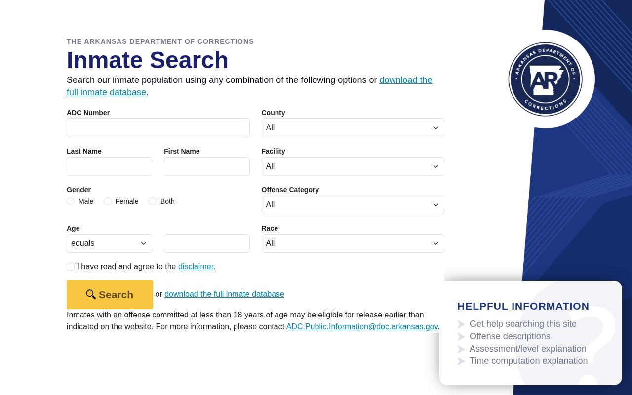 Arkansas DOC inmate search interface