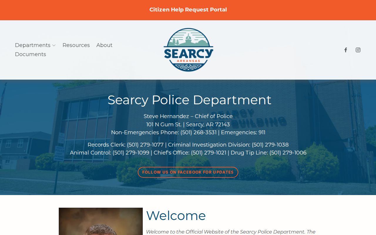 Official Searcy Police Department webpage with department contact information